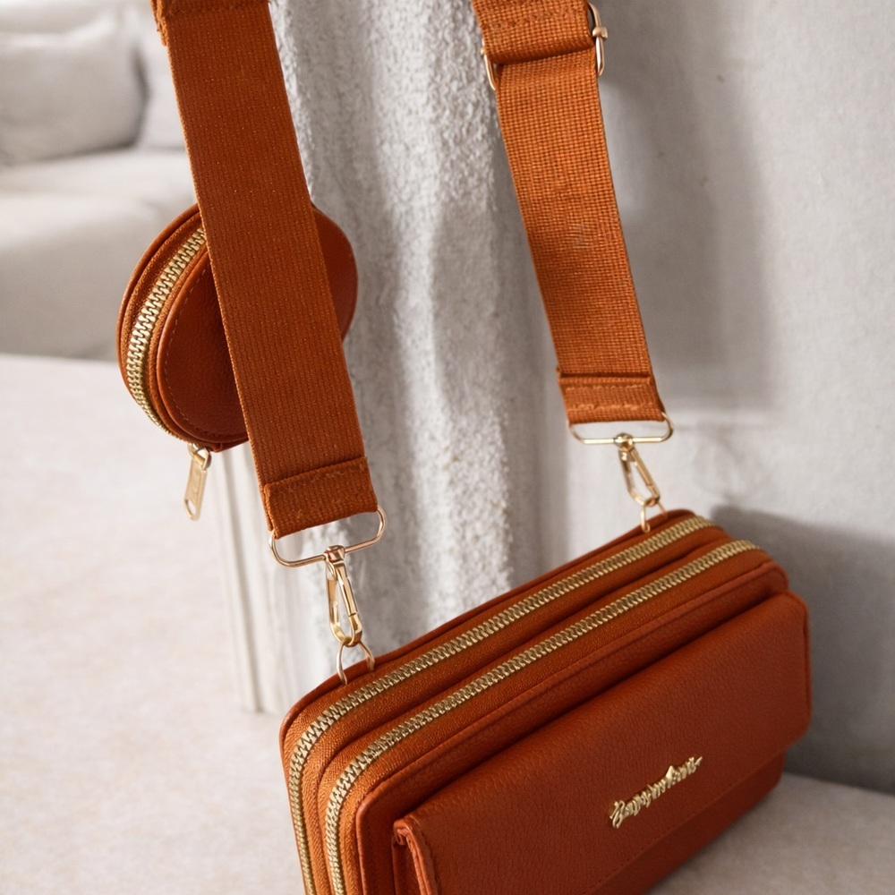 Leather Crossbody Bag with Coin Pouch - Cognac